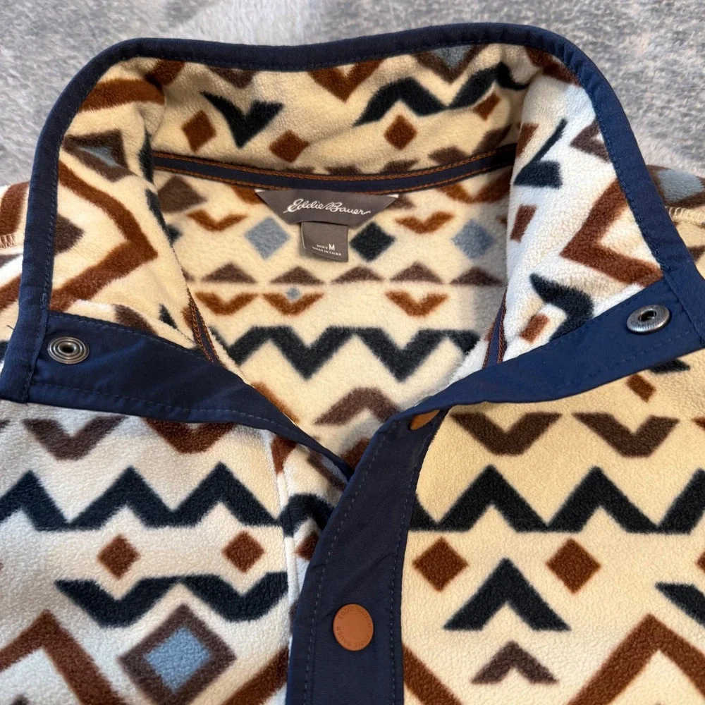 Eddie Bauer Mens M Fleece Pullover Snap‎ Mock Neck Geometric Southwestern Cream